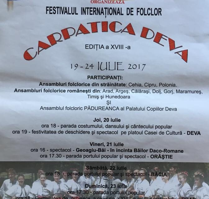 Festivalul Internaţional de Folclor “Carpatica” începe joi, 20 iulie, în centrul Devei